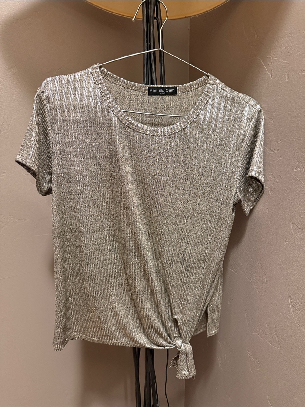 Kim & Cami Shimmery Silver Tie-Front Short Sleeve Tee